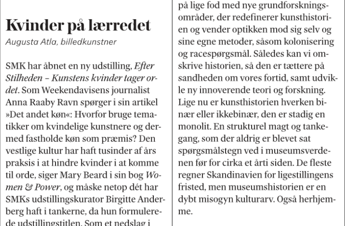 Women Artists on the Frontier. A short opinion piece by Augusta Atla, Weekendavisen (DK)