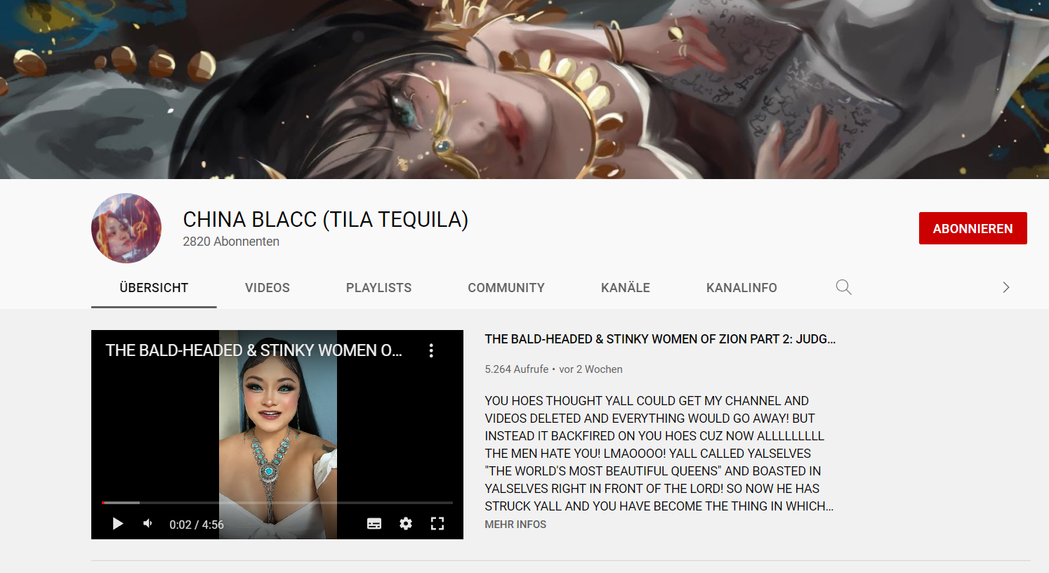 Bildschirmfoto: Tila Tequilas Youtubekanal im Mai 2022 mit neuem Künstlernamen (China Blacc)