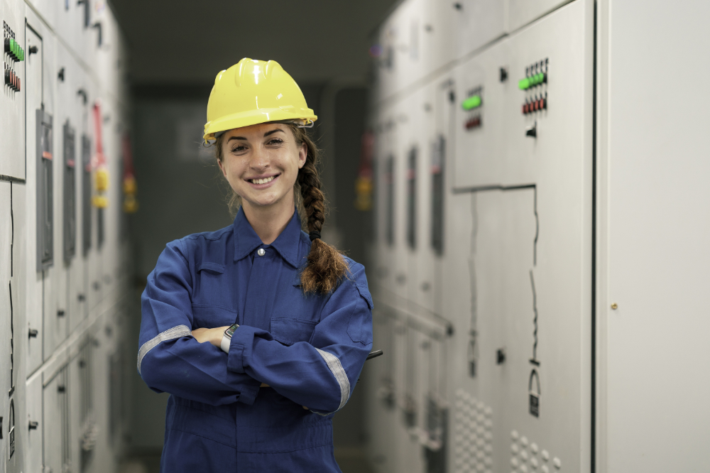 Portrait shot half body of young female electrical engineer in electrical control room, action thump up showing the good services working and professional concept.