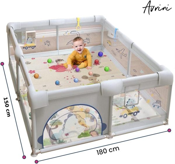 Avrini Baby Playpen, Playard fance for Toddlers with Anti-Slip Base and Playmat, Extra Large Baby Playard with Gate, 150 * 180 cm Infant Safety Activity Center, Packable & Portable (Grey)