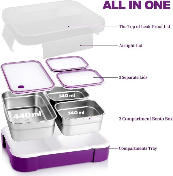 Avrini Stainless Steel Lunch Box for Kids School,Insulated Bento Lunch Box with Tableware & Bag,720ML 3 Compartment Divided Lunch Containers with Lids