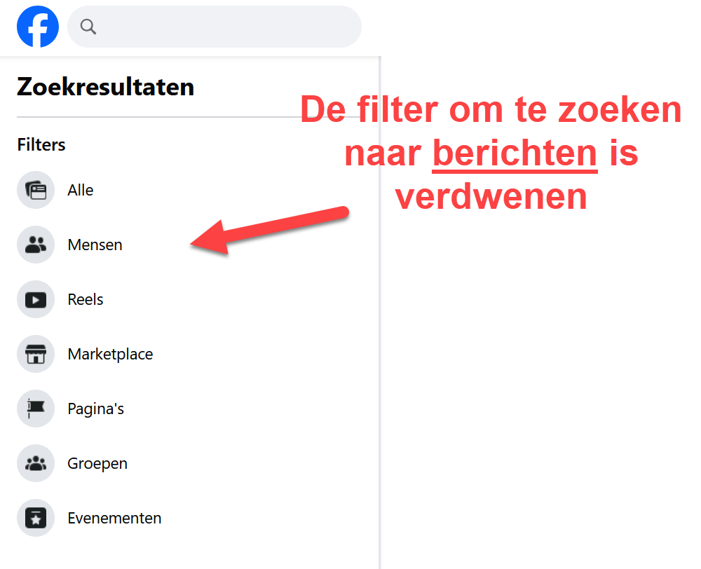 Facebook zoekfilter verdwenen