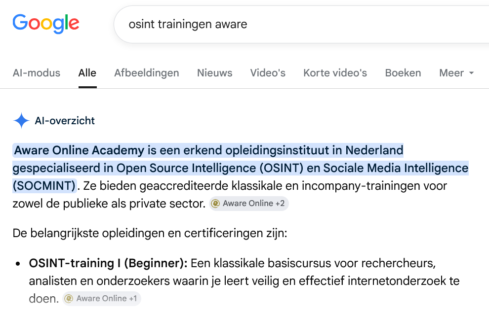 Google AI overzicht Aware Online