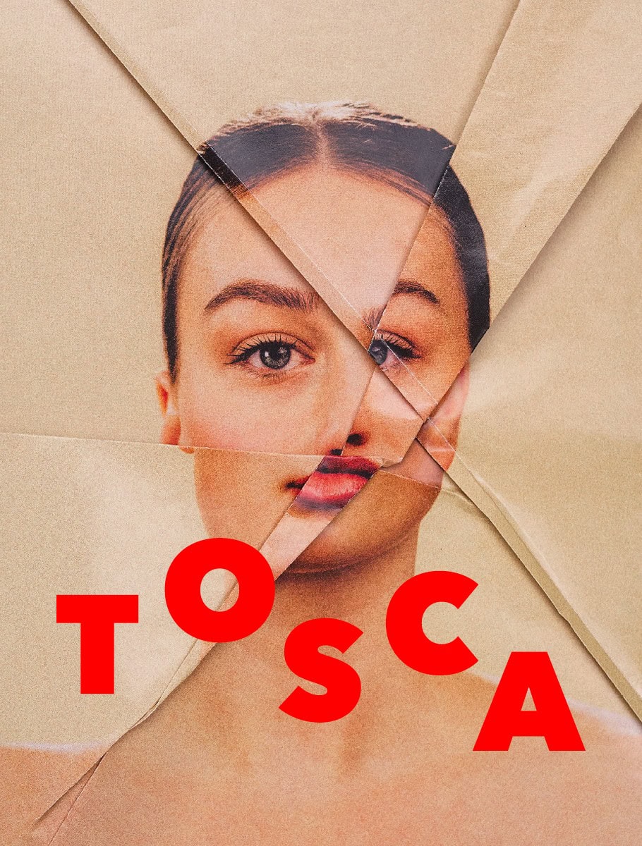 A poster for Folkoperan Puccini’s Tosca with a woman's face on.
