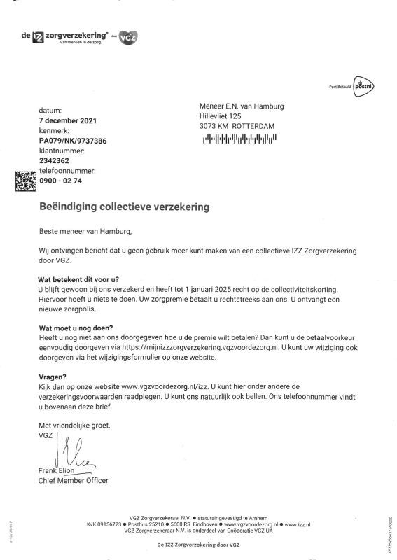 VGZ zorgverzekering reactie brief op opzeggen collectieve verzekering 