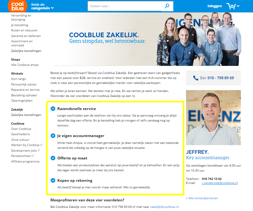 Coolblue zakelijk pagina b2b voorbeeld