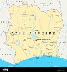 Ivory Coast Political Map - Cote d'Ivoire - with capital Yamoussoukro,  national borders, important cities, rivers and lakes Stock Photo - Alamy
