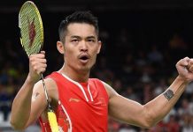 Lin Dan celebrates a victory
