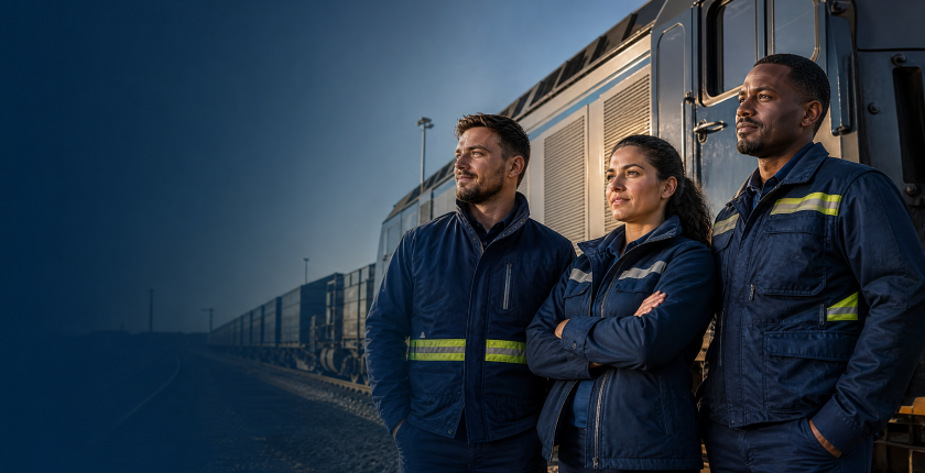 Drei Bahn-Fachkräfte vor einer Lokomotive als Symbol für professionelle Zeitarbeit in der Bahnbranche