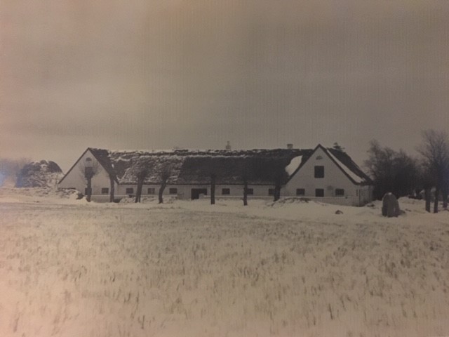 Gårdbygning i snelandskab.