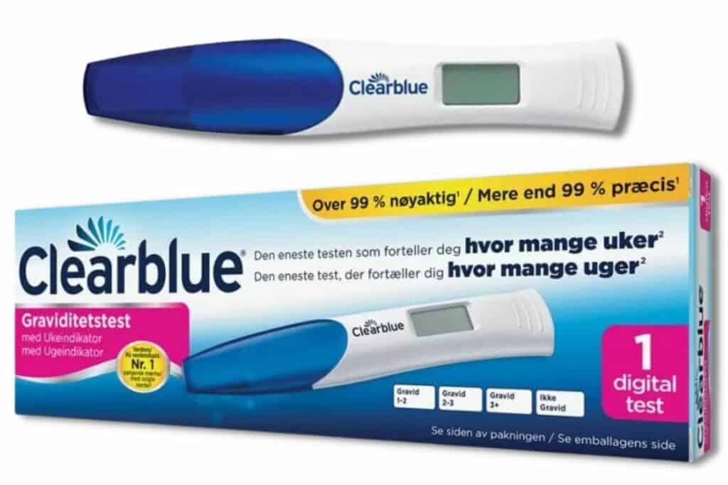 Clearblue digital graviditetstest med skjerm som viser ukentlig indikator