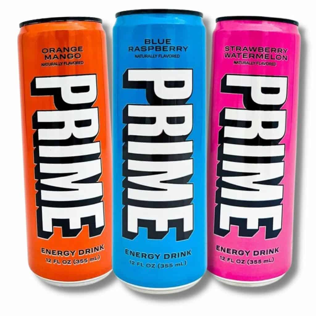 Prime Energy tre bokser med drikke, oransje, blå og rosa