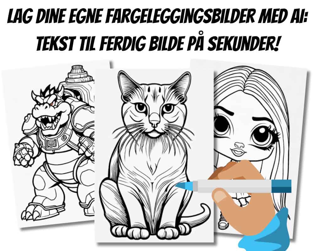 Eksempler på AI-genererte fargeleggingsbilder, inkludert en katt, en tegneseriefigur, og en drage.