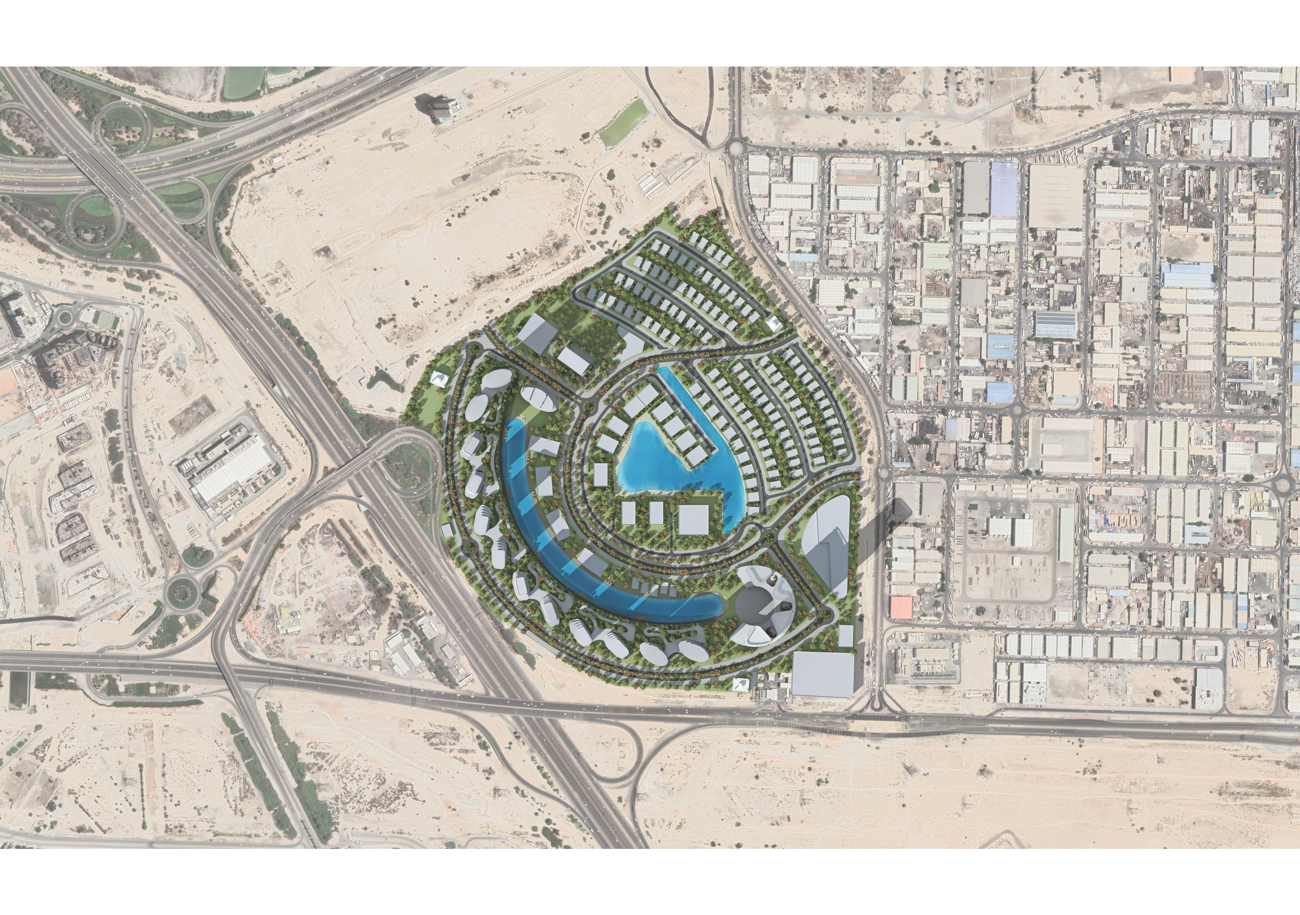 An aerial view of a planned urban development in Dubai, Sobha Hartland 2 features circular zones with greenery, 1 & 2 BHK apartments and flats in Dubai, buildings, and water features, surrounded by existing roadways and infrastructure in a desert environment.