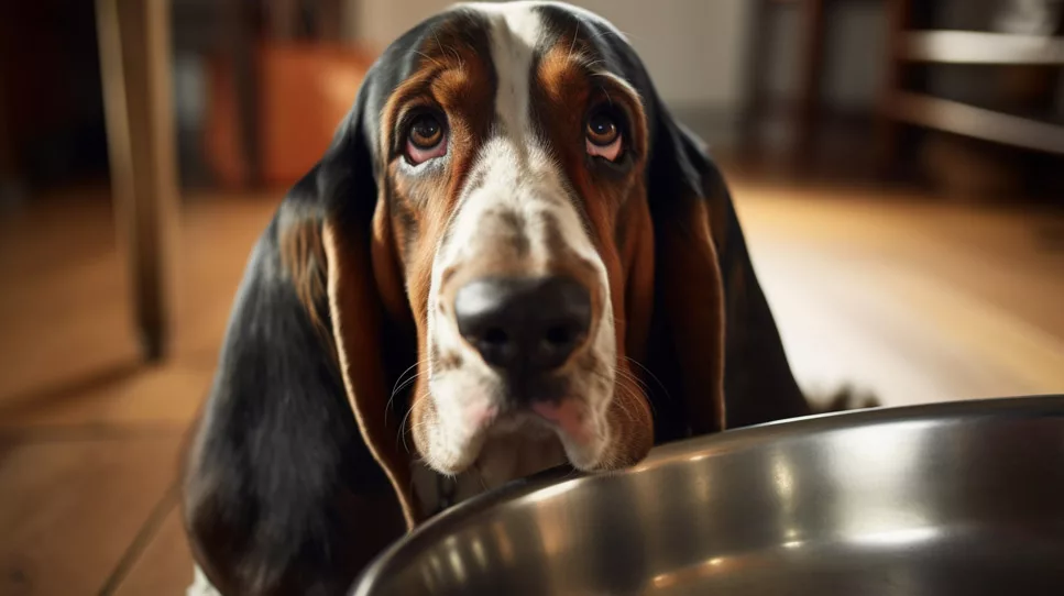 basset hound looking up from its bowl