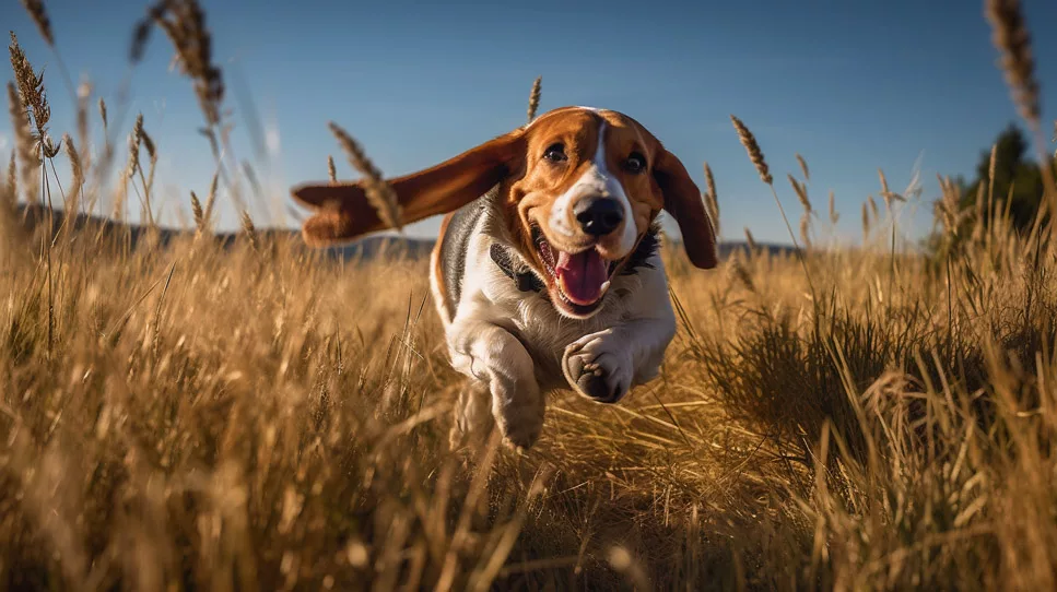 basset hound running in a field