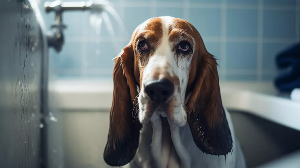 a basset hound in the bath