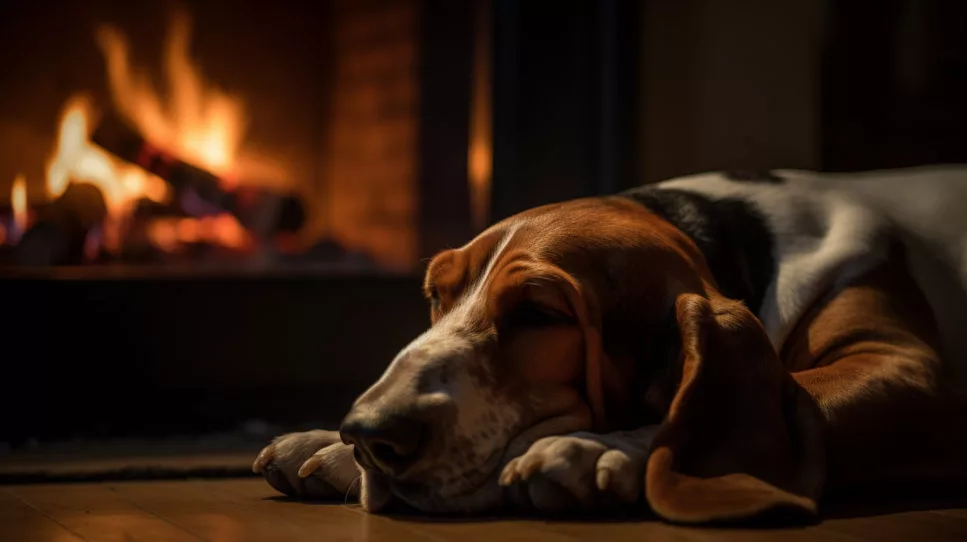 basset hound sleeping by the fire