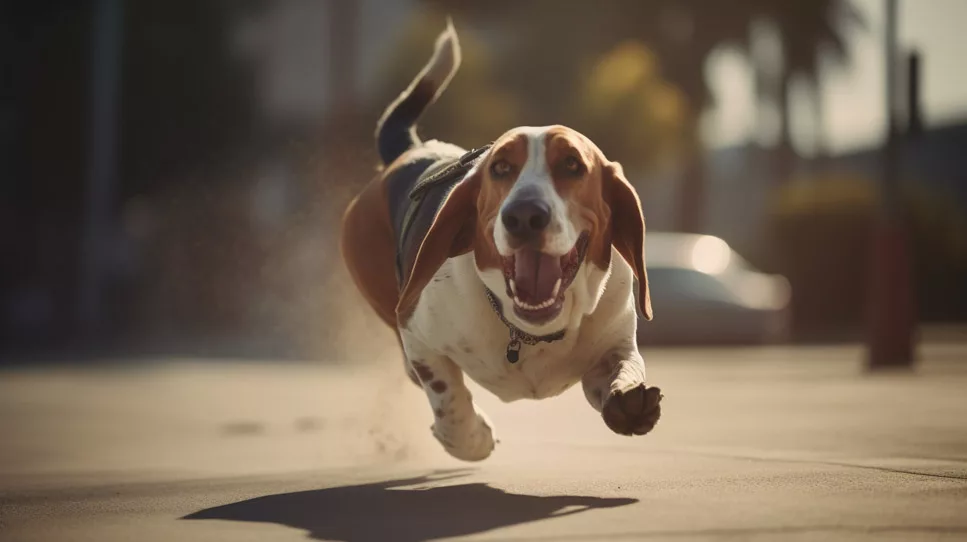 basset hound running down the street