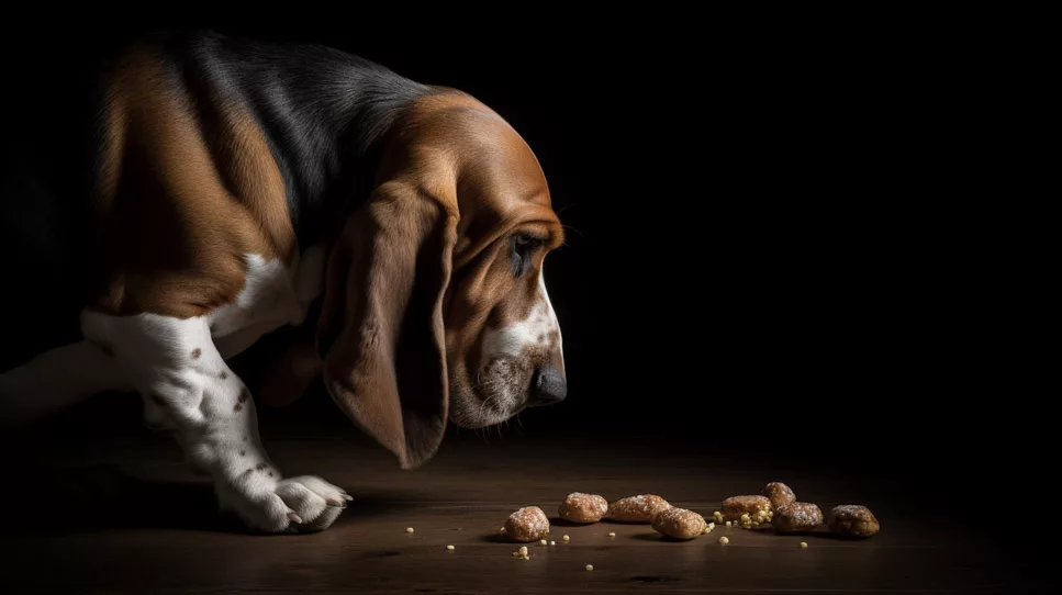 basset hound looking down at treats