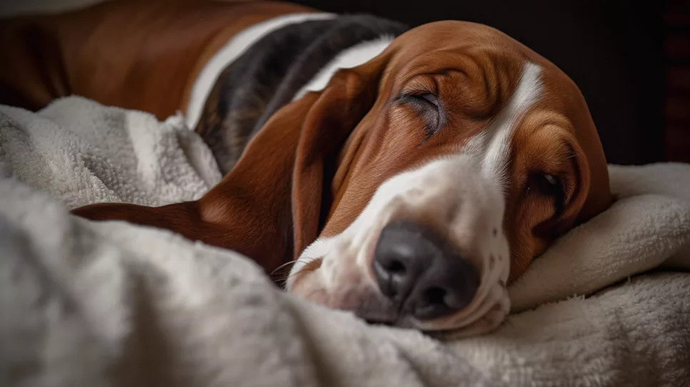 a basset hound sleeping soundly on its bed