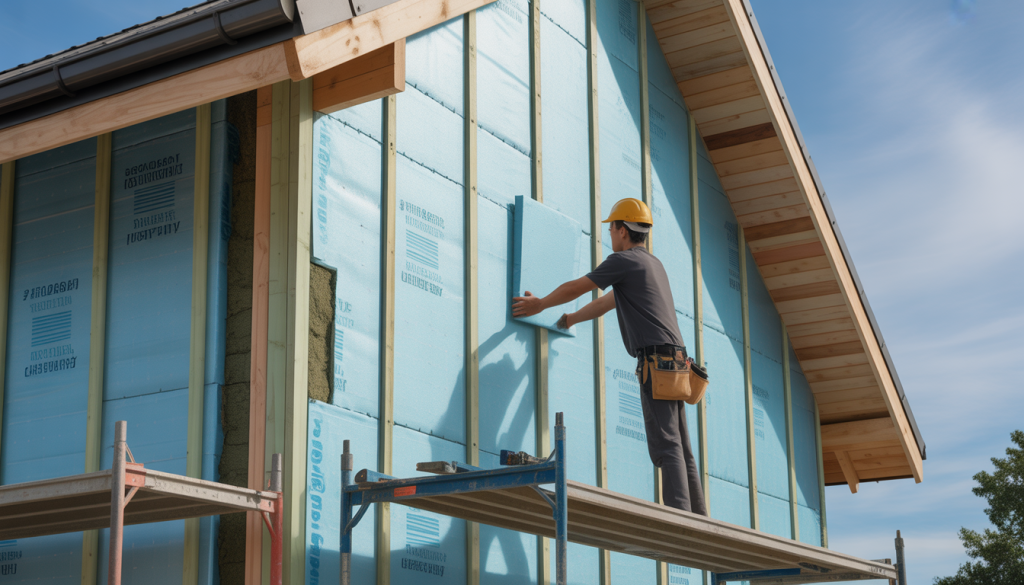 Ouvrier installant de l'isolation thermique sur mur de maison