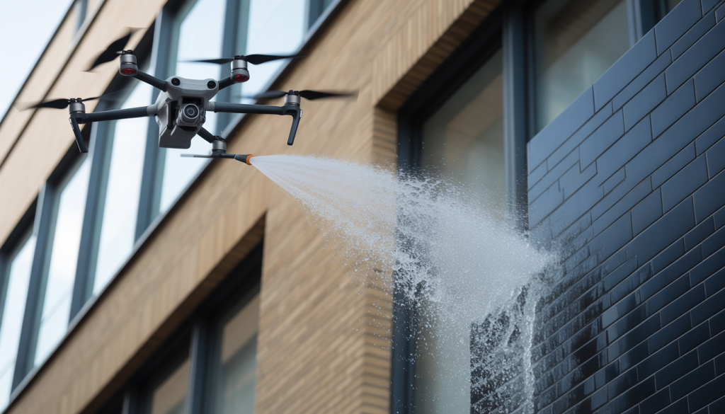 Drone en action nettoyant une façade sale avec jet d'eau révélant la pierre propre