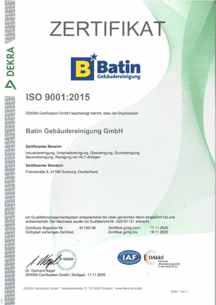 Zertifizierung ISO-9001-2015 Batin Gebädereinigung