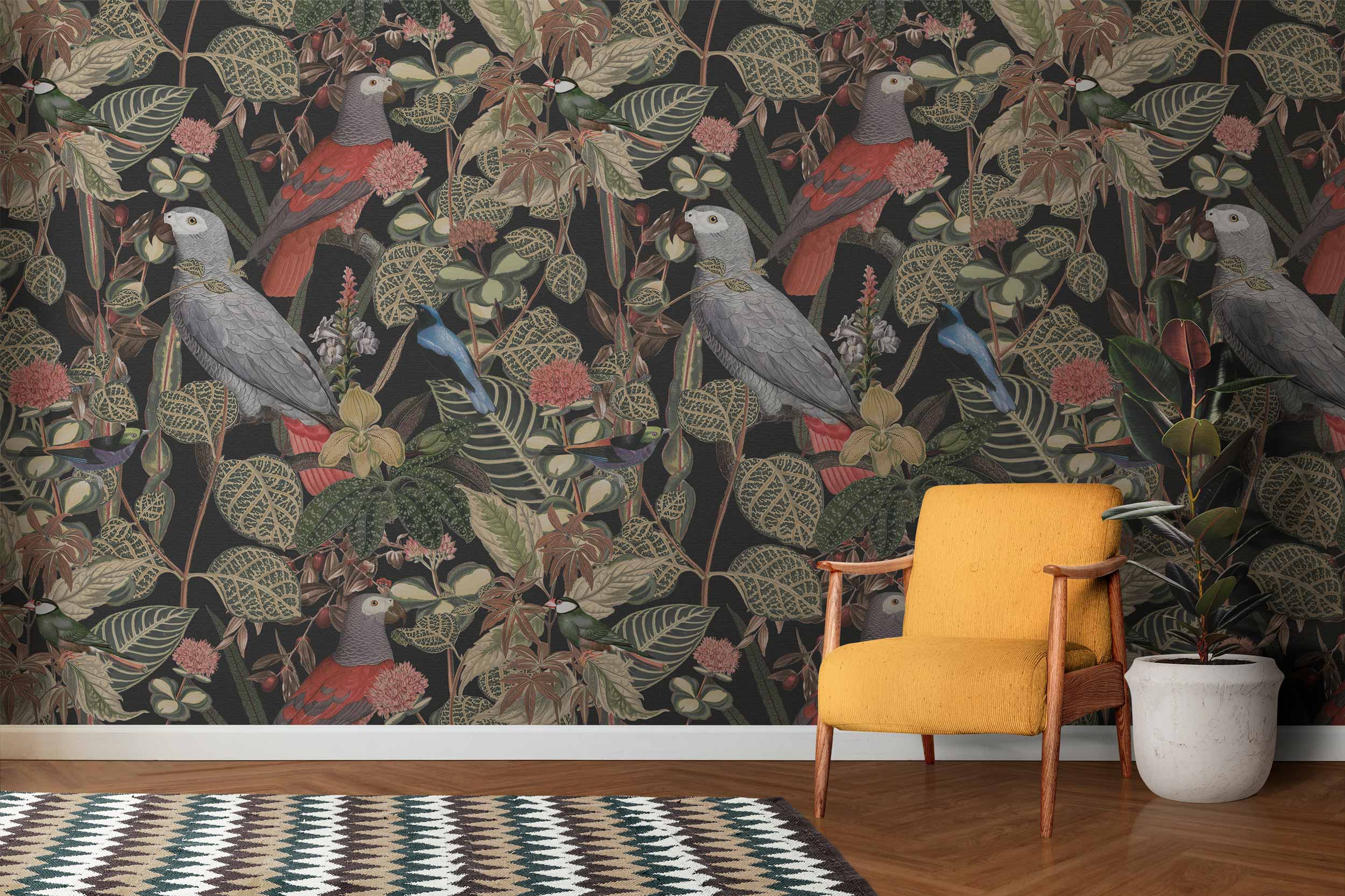 tapete-natur-wohnzimmer-klein schöne natur tapete mit papageien