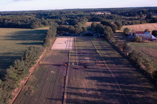 Dronebillede af gården på Krogagervej 25, hele folden og ridebanen.