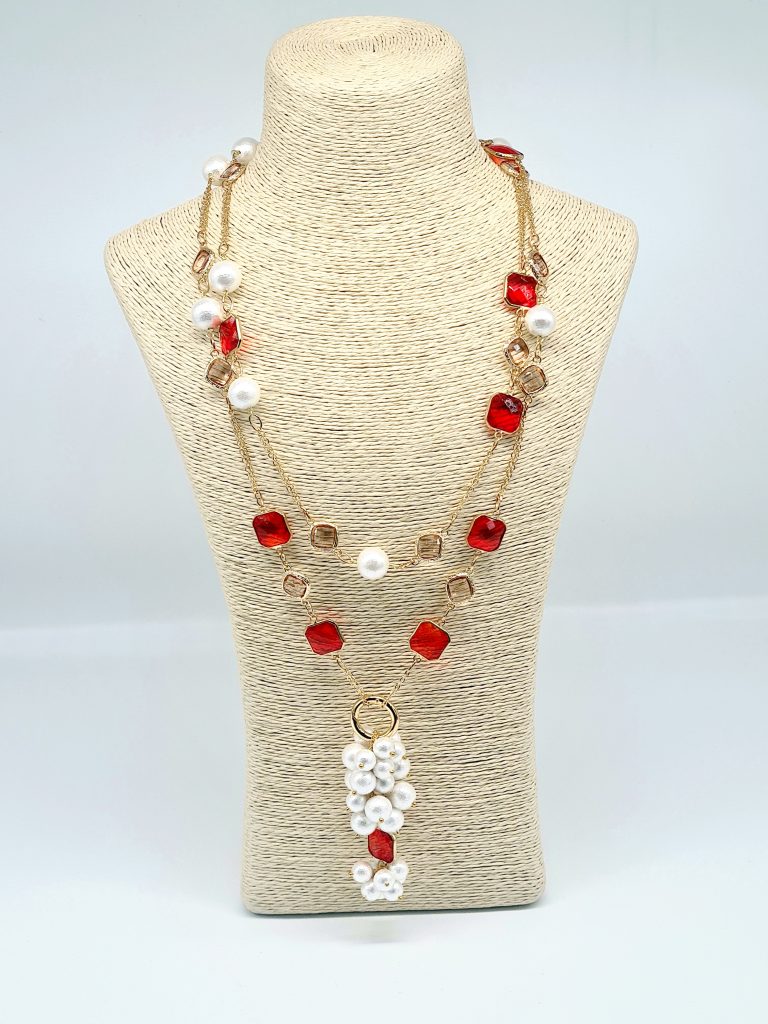 Joie Necklace - Cotton Pearl and Red Crystal