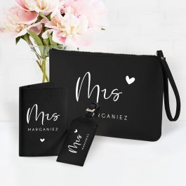 Reisepasshülle + Kofferanhänger + Clutch Set "Mrs & Mr", Geschenk zur Hochzeit, für Brautpaar, Hochzeitsreise, personalisiert, Kunstleder, Schwarz