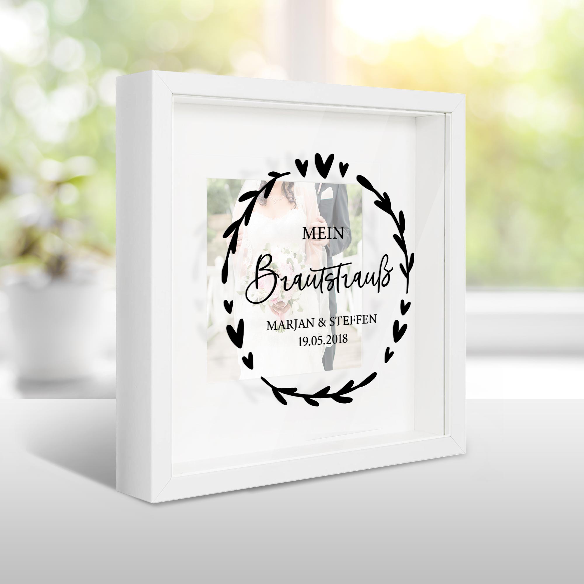 Bilderrahmen für Brautstrauß zur Hochzeit "Ranken", personalisiert -  Beautiful in White - Weddingshop