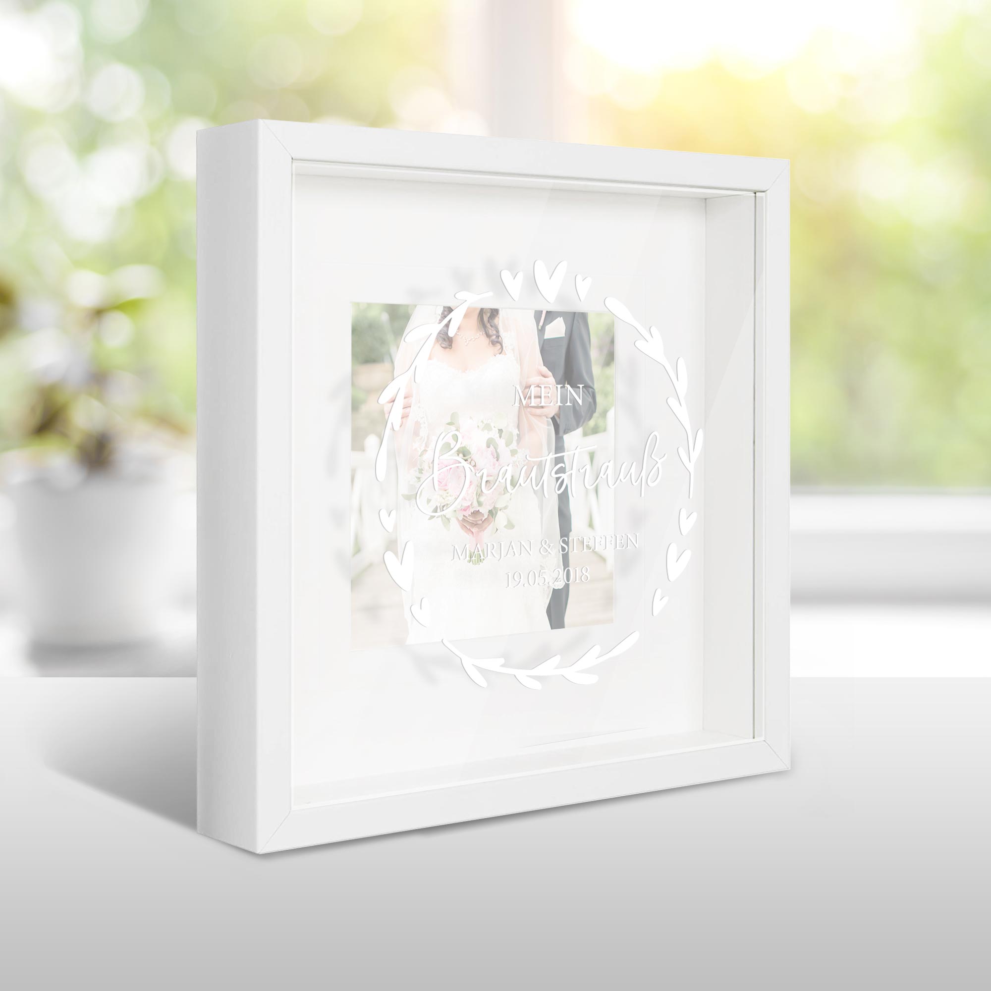 Bilderrahmen für Brautstrauß zur Hochzeit "Ranken", personalisiert -  Beautiful in White - Weddingshop