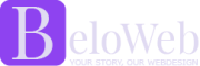 Website laten maken? Logo van BeLoWeb met paarse rechthoek rondom de eerste 'B'. Onder de naam staat de slogan 'your story, our webdesign'.