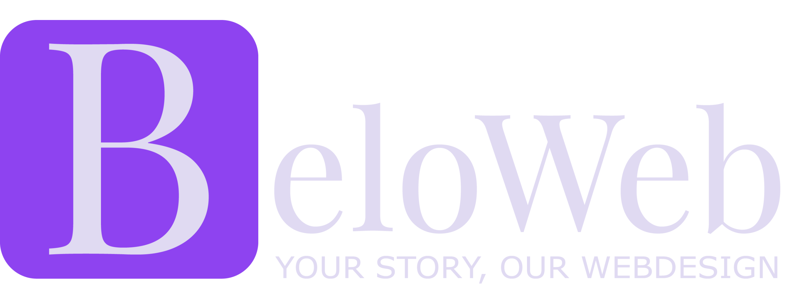 Website laten maken? Logo van BeLoWeb met paarse rechthoek rondom de eerste 'B'. Onder de naam staat de slogan 'your story, our webdesign'.