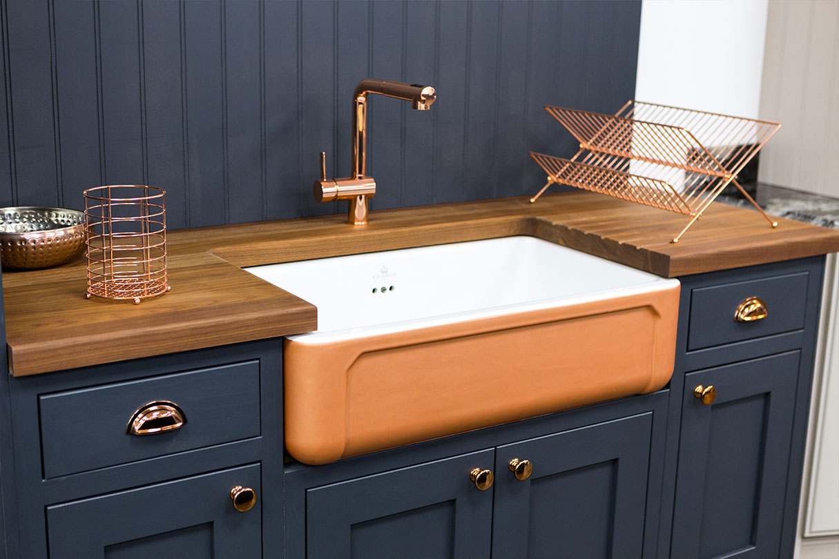 Broadway deep blue in-frame shaker kitchen with copper accessories