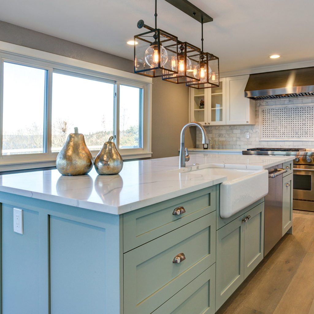 green kitchen island with butler sink square