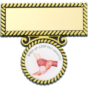 BLACK/GOLD PLASTIC BADGE AND BAR (1in CENTRE) - 2in
