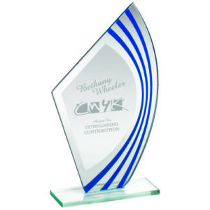 JADE GLASS SAIL PLAQUE WITH BLUE/SILV HIGHLIGHTS (5mm THICK) - 8.75in
