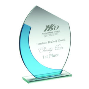 JADE/BLUE GLASS OVAL PLAQUE WITH ANGLED TOP - (5mm THICK) 7in