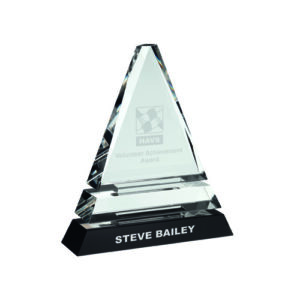CLEAR GLASS PYRAMID ON BLACK BASE - 7.75in
