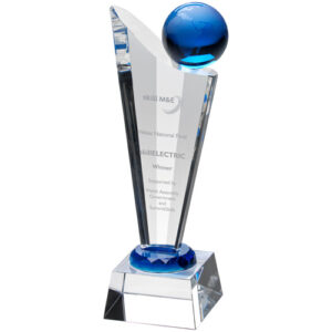 CLEAR/BLUE GLASS VICTORY PLAQUE WITH BLUE GLOBE - 8in