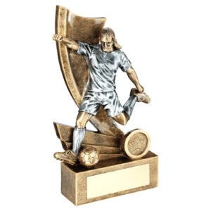 BRZ/PEW/GOLD FEMALE FOOTBALL FIGURE ON SWOOSH BACK WITH PLATE (1in CEN) - 10"