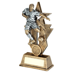 BRZ/PEW/GOLD MALE FOOTBALL FIGURE ON STAR BACKDROP WITH PLATE (1in CENTRE) - 6"