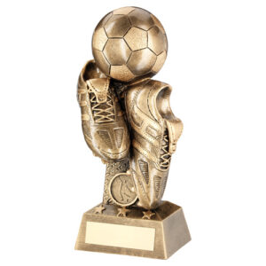 BRZ/GOLD FOOTBALL AND BOOTS ON COLUMN RISER WITH PLATE (1in CENTRE) - 10in
