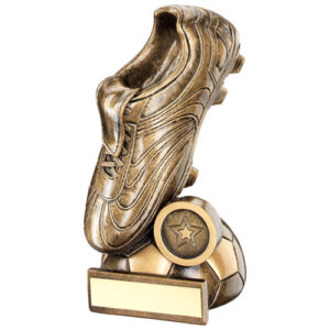 BRZ/GOLD FOOTBALL BOOT ON HALF BALL BASE WITH PLATE (1in CENTRE) - 6.5in