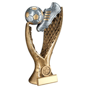 BRZ/PEW/GOLD FOOTBALL AND BOOT IN NET HOLDER WITH PLATE (1in CENTRE) - 8in