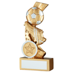 GOLD/SILVER FOOTBALL AND BOOT ON MULTI STAR CURVE WITH PLATE (1in CENTRE) - 4in