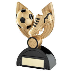 GOLD/BLACK FOOTBALL AND BOOT ON SEMI BACKDROP WITH PLATE (1in CENTRE) - 6in